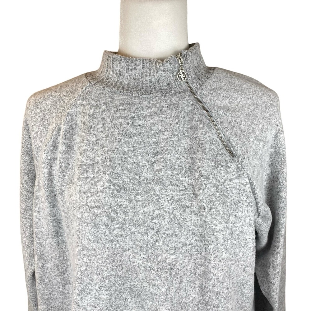 Adrienne Vittadini Sweater XL Mock Neck Light Gray 3/4 Sleeve Asymeterical Zip - Picture 3 of 14
